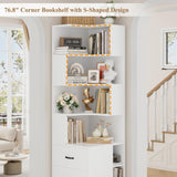 FACBOTALL 76.8” Corner Bookshelf with 3 Drawers and 3 Side Storage Cubbies, L Shaped Tall Bookshelf and Bookcase, 4 Tier Corner Bookcase, Wood Narrow Book Shelf for Living Room, Office, White FACBOTALL