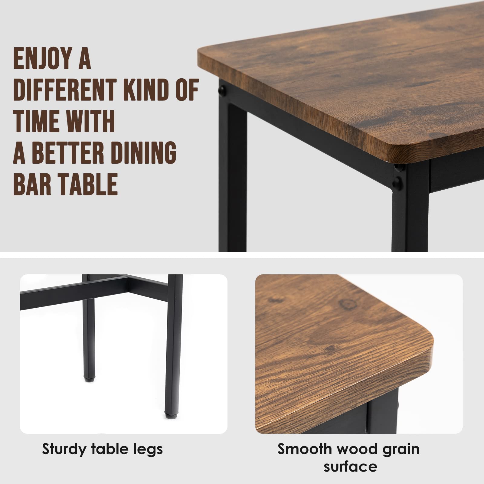 Rongbuk 44.5" Rustic Brown Bar Table with Adjustable Feet and Metal Legs - WoodArtSupply