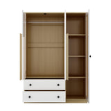 Merax 3-Doors Wooden Rattan Wardrobe Storage Shelves and Hanging Rail for Clothes for Bedroom, with 2 Drawers, White+Nature Merax