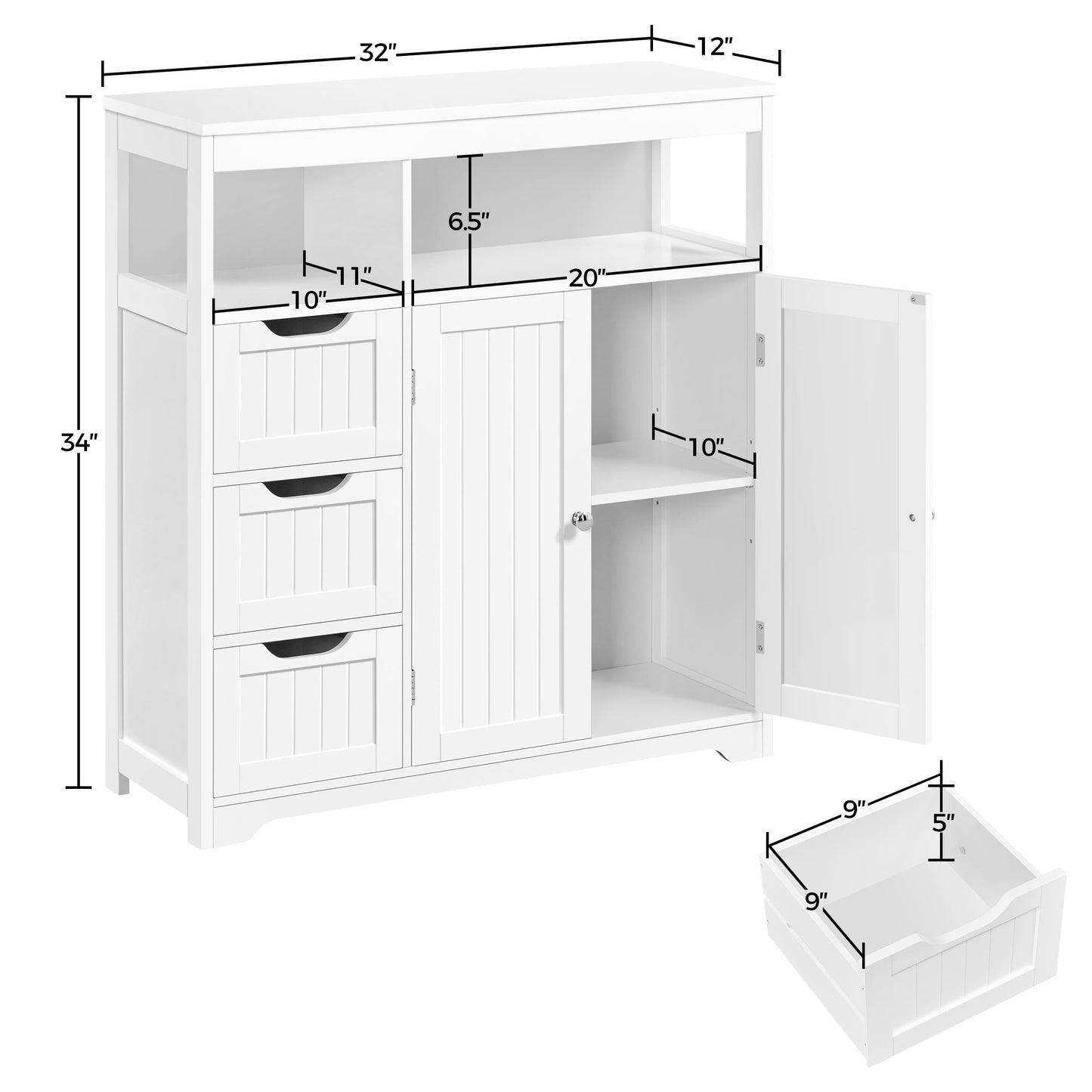 Yaheetech Bathroom Floor Cabinet, Wooden Storage Organizer with 3 Drawers and 2 Open Shelves, Freestanding Storage Cabinet with a Large Bottom Cabinet for Bathroom, Living Room, Kitchen, White