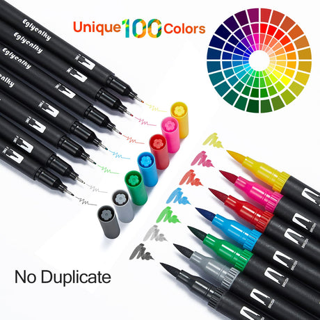 Eglyenlky Colored Markers for Adult Coloring Books, Dual Tip Brush Pens with 100 Watercolor Fine Tip Markers and Brush pens for Kids Drawing Calligraphy Eglyenlky