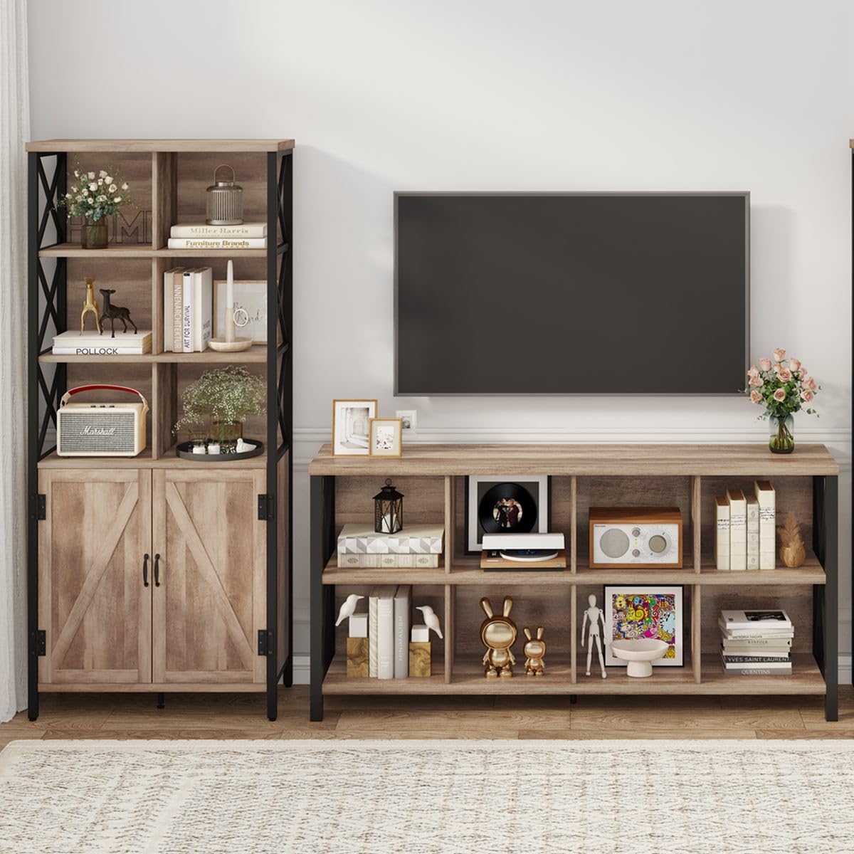 Rustic Oak FATORRI Tall Bookcase with Doors and 6 Cube Organiser for Living Room - WoodArtSupply