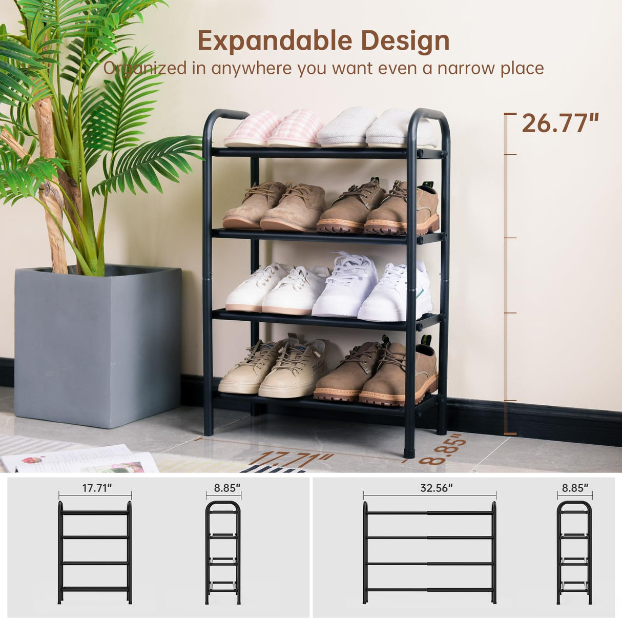 Gonfoam 4-Tier Expandable Shoe Rack,Adjustable Shoe Shelf Storage Organizer Heavy Duty Metal Free Standing Shoe Rack for Entryway Closet Doorway (Black) Gonfoam