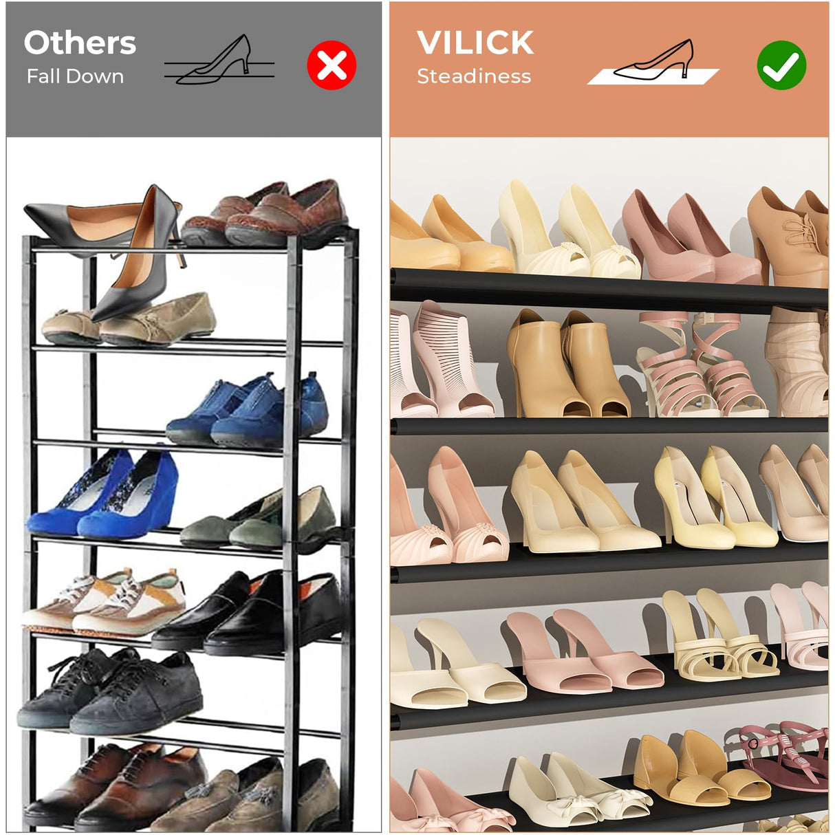 VILICK 11 Tiers Tall Wide Shoe Rack 55 Pairs Large Capacity Sturdy Durable Shoe Rack for Closet Metal Shoe Organizer Shelf with Two Hooks Space Saving for Entryway Black VILICK