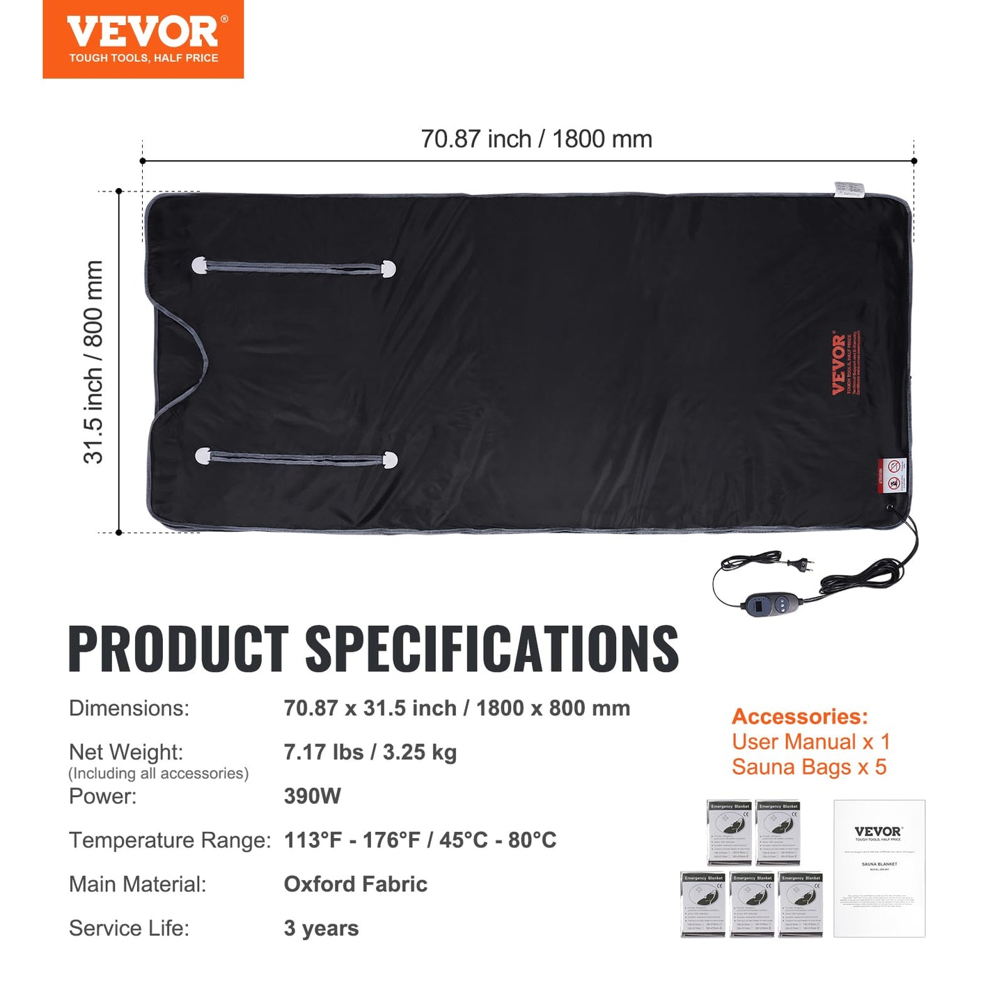 VEVOR Sauna Blanket for Detoxification, Portable Far Infrared Sauna for Home, Oxford Sauna Bag w/Arm Holes & Carbon Fiber Heating, 1-6 Level Adjustable Temp 95-176℉, 5-60 Minutes Timer, 71 x 31 in