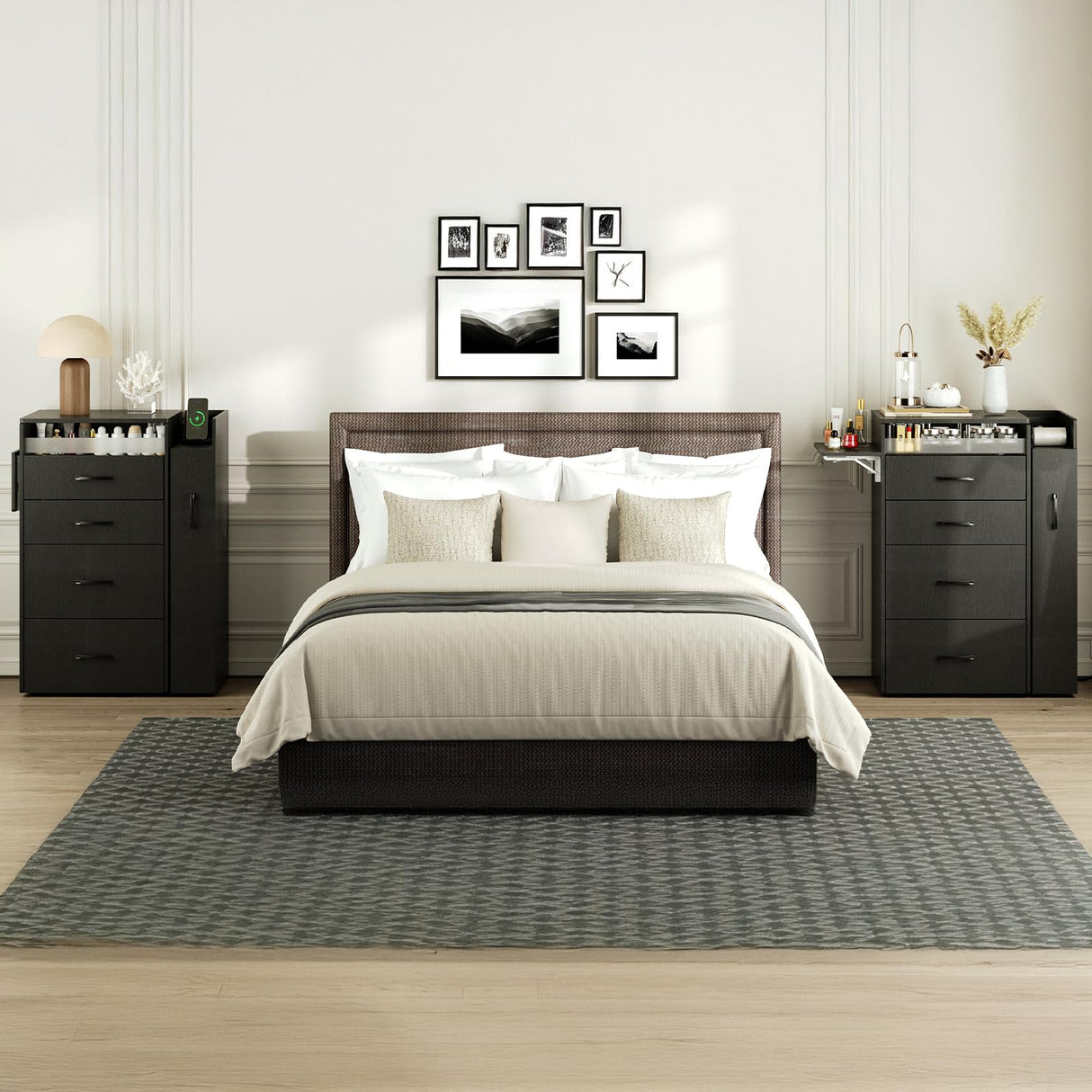 Herture 3 in 1 Vanity Desk with Flip Top Mirror, LED Lights, Side Cabinet,Collapsible Desk Panel, Hidden Stool with Storage, Small Makeup Vanity Table with Power Outlets, Compact Vanity, Black PT01DTB Herture