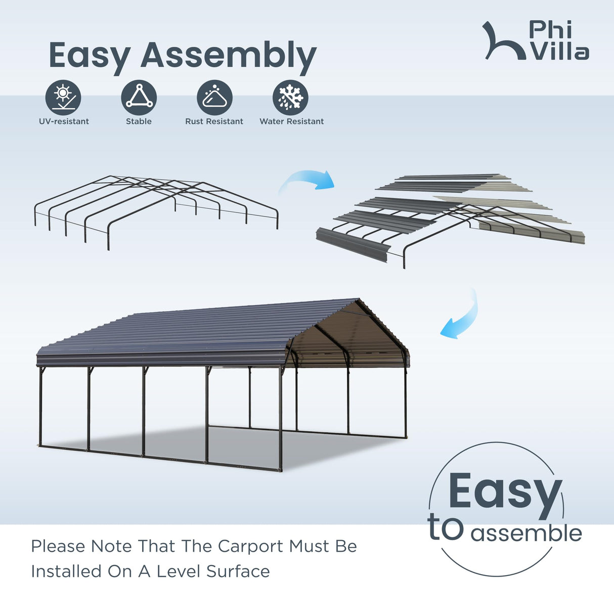 PHI VILLA 20 x 20 ft Carport 2 car Metal Carports with Galvanized Steel Roof with Sidewalls Enclosure Kit, Sturdy Heavy Duty Metal Carport for Cars, Boats, and Tractors PHI VILLA