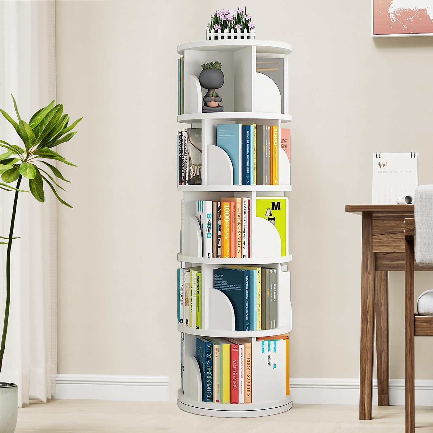 Nisorpa 5-Tier 360° Rotating Bookshelf – Space-Saving Tower Bookcase for Small Spaces - WoodArtSupply