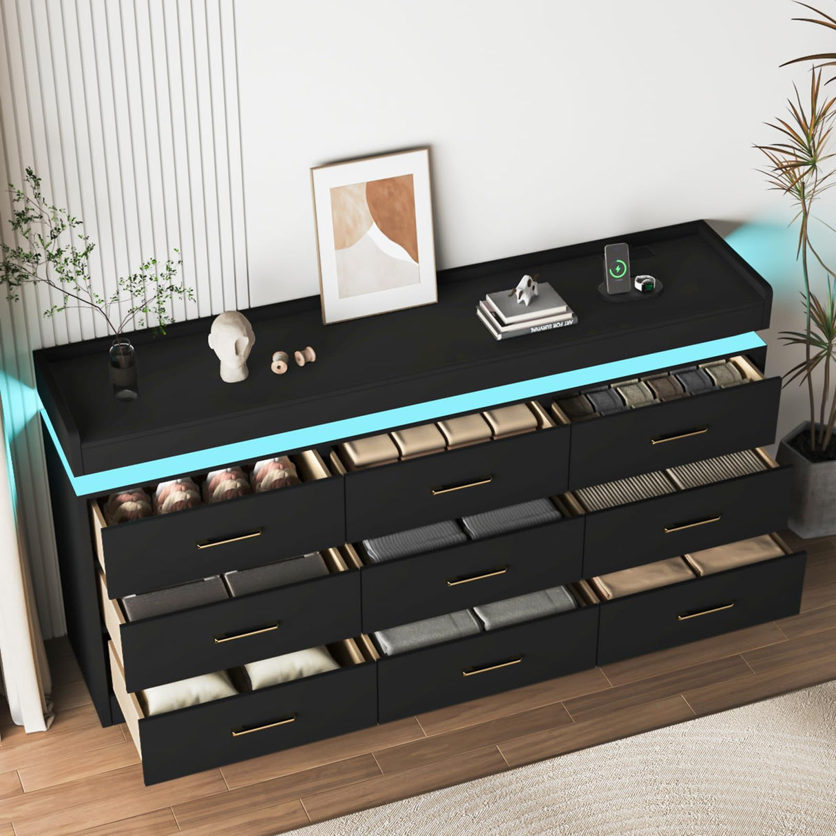 9 Drawer Dresser with Charging Station, Wide Chest of Drawers for Closet with LED Light, Modern Drawer Organizer Cabinet for Bedroom, Living Room, Entryway, Hallway, Black DalyLuxa