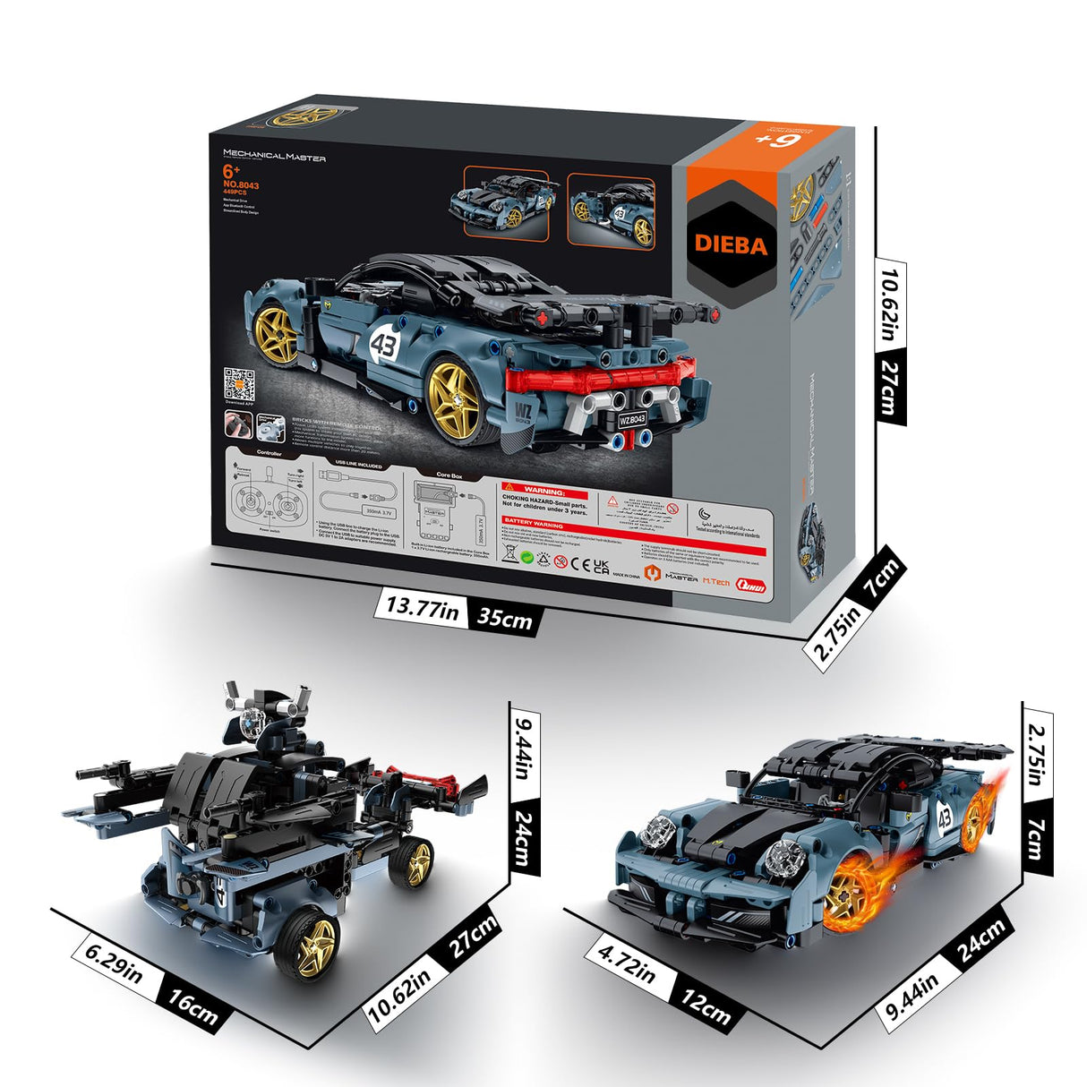 STEM Building Toys for Kids, Educational Building Blocks, Remote & APP Controlled 2in1 RC Car/Construction Robot STEM Kit, Science Learning Car Building Sets for Boys Girls 8-16 Old (Dark Blue) DIEBA