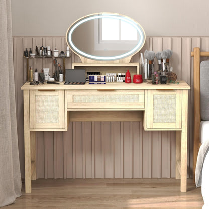 Vikiullf Rattan Vanity Desk with Led Lighted Mirror - 47 in Wood Makeup Vanity with Rattan Drawers & Cabinet, Dressing Makeup Table, for Girls Bedroom (Rattan, 47 inches) - WoodArtSupply