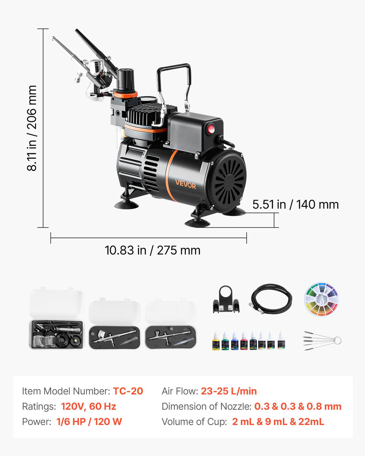 VEVOR Airbrush Kit, 1/6 HP, Air Brush Kit with Air Compressor, 3 Dual-Action Professional Airbrushes with 3 Tips, Hose, Acrylic Paint, 2 Fans, Low Noise, for Cake Decorating, Model Painting, Nail Art VEVOR