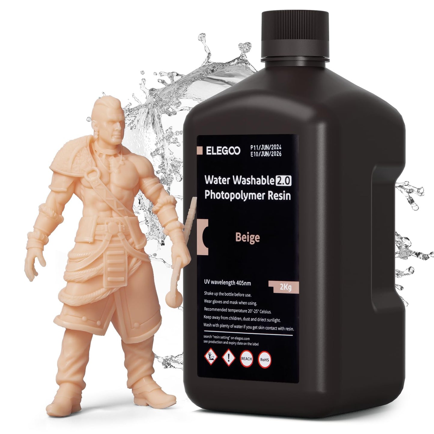 ELEGOO Water Washable 2.0 3D Printer Resin Beige 2KG, Low Shrinkage High Durability 395-405nm Fast Curing 3D Printing Liquid, High Strength and Toughness Resin for LCD/SLA/DLP Resin Printers