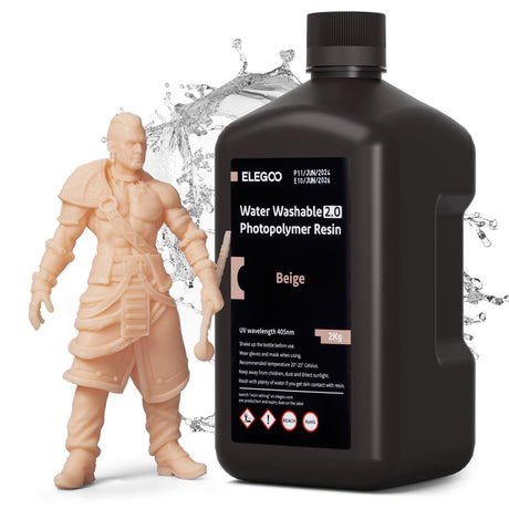 ELEGOO Water Washable 2.0 3D Printer Resin Beige 2KG, Low Shrinkage High Durability 395-405nm Fast Curing 3D Printing Liquid, High Strength and Toughness Resin for LCD/SLA/DLP Resin Printers ELEGOO