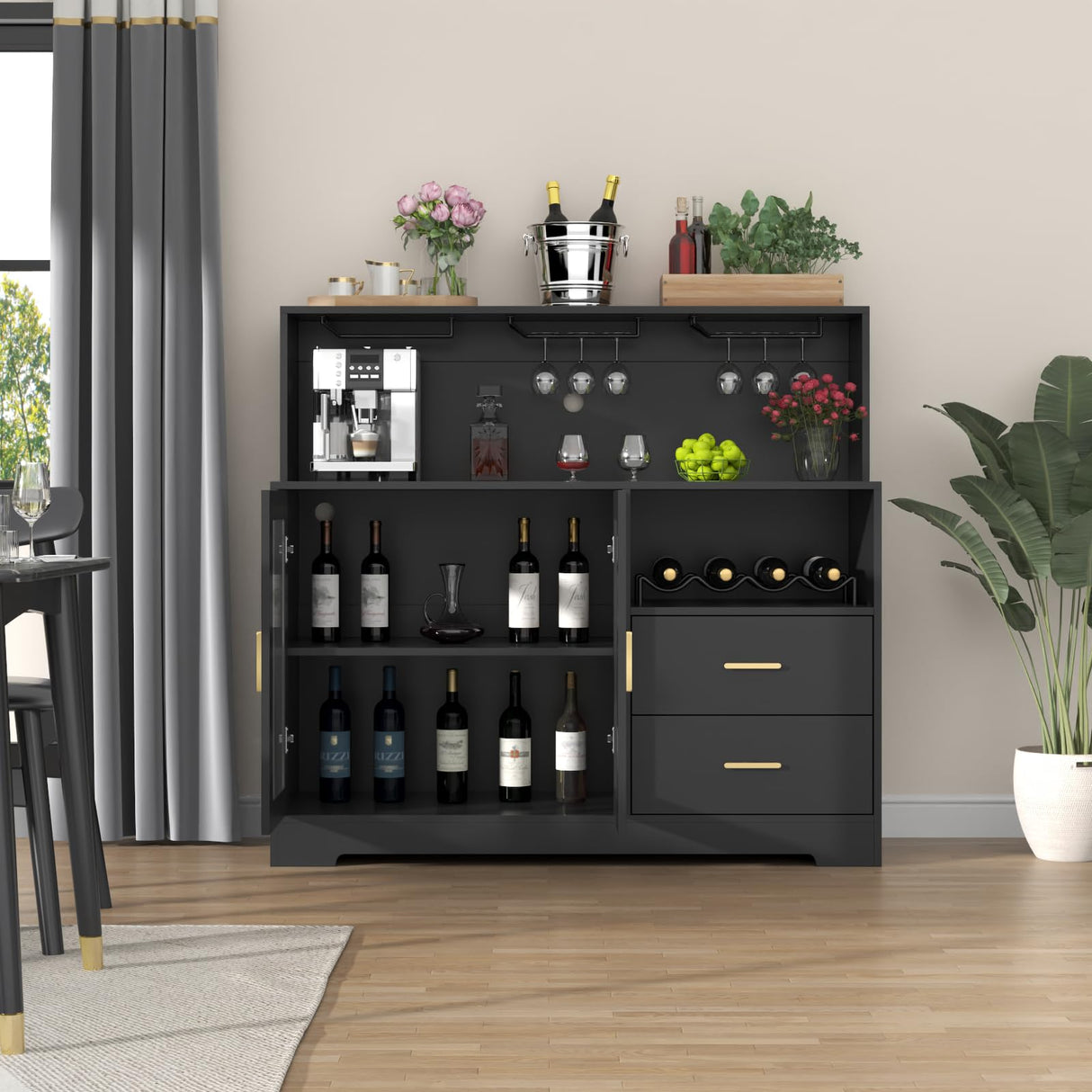 Auromie Wine Bar Cabinet with LED Light, Home Coffee Cabinet with Wine and Glass Rack, Kitchen Buffet Sideboard with Storage Cabinet&Drawers, Modern Liquor Cabinet for Living Room Dining Room (Black) Auromie