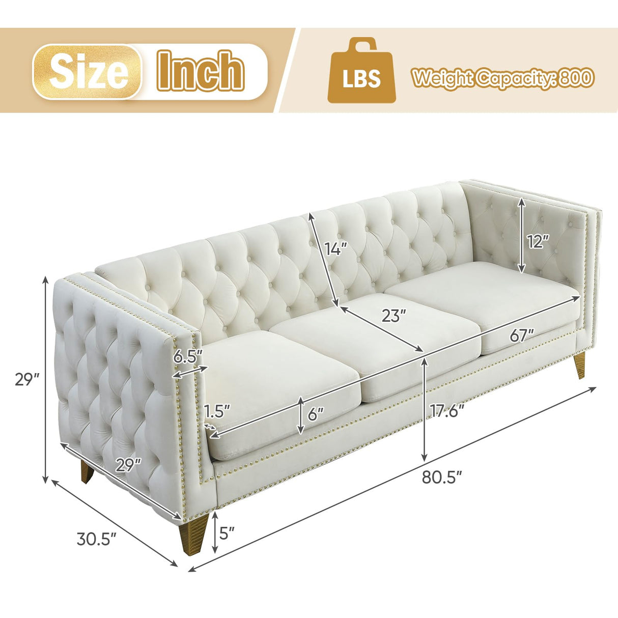 80.5-Inch Velvet 3 Seater Sofa Couch, Comfy Couches for Living Room, Modern Sofa with Tufted Back and Rivet Decoration, Upholstered Long Couch with Solid Golden Metal Tapered Legs, Beige KINFFICT