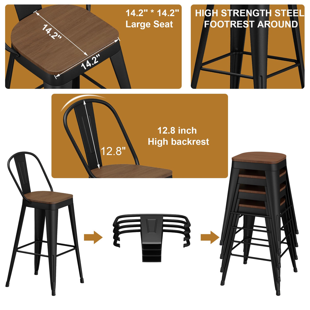 Andeworld Metal Bar Stools Set of 4, 24 inch Counter Height Barstools with Backs Farmhouse Modern High Back Bar Stools with Larger Seat Kitchen Dining Bar Chairs,Matte Black Andeworld