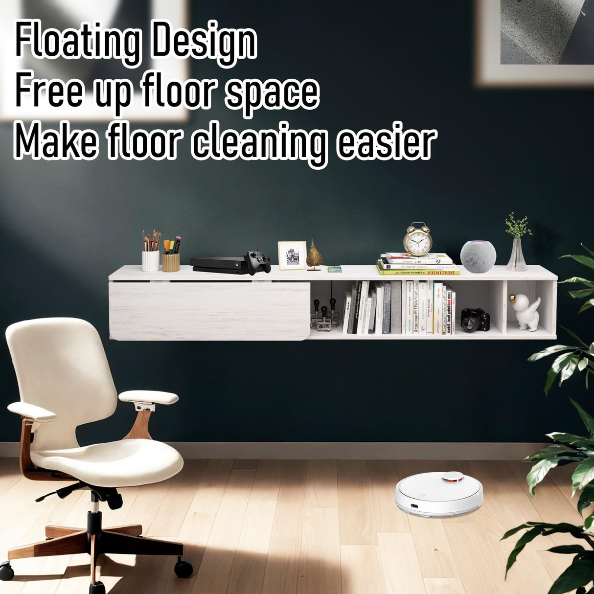 Pmnianhua 63'' Floating Desk with Storage Shelves,Wall Mounted Desk Laptop Computer Writing Study Table for Bedroom Small Space(White) Pmnianhua