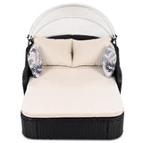 Patio Canopy Daybed with Canopy, 79.9" Outdoor Sunbed with Adjustable Canopy, Double Lounge Chair, PE Rattan Daybed for Garden Poolside Patio, Black Wicker and Beige Cushion RuiSiSi