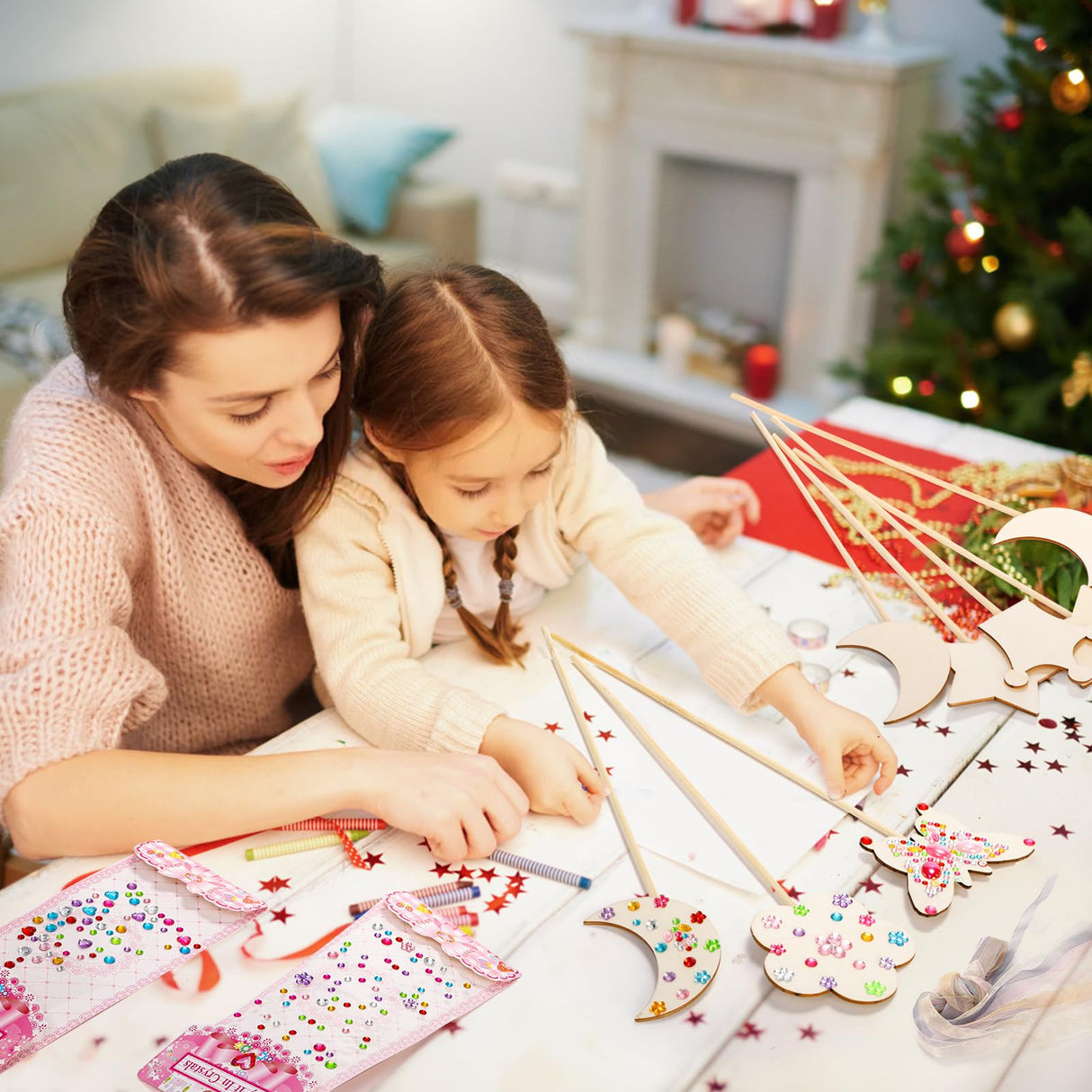 Frcctre 36 Pieces Princess Fairy Wands Kit Make Your Own Princess Wands DIY Art Craft Magical Wand Include 36 Pcs 6 Styles Unfinished Wooden Princess Wand 36 Pcs Ribbons 3 Pcs Gem Stickers Frcctre