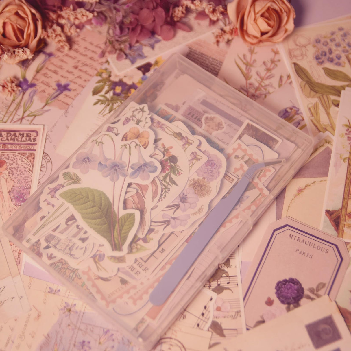 CHRYCELESTE 200pcs Vintage Purple Scrapbook Stickers and Paper, Journal Stickers Kit, Junk Journal Paper Kit - Flowers Butterflies,Plastic Case Packaging with Handy Pliers(Purple Reverie) CHRYCELESTE