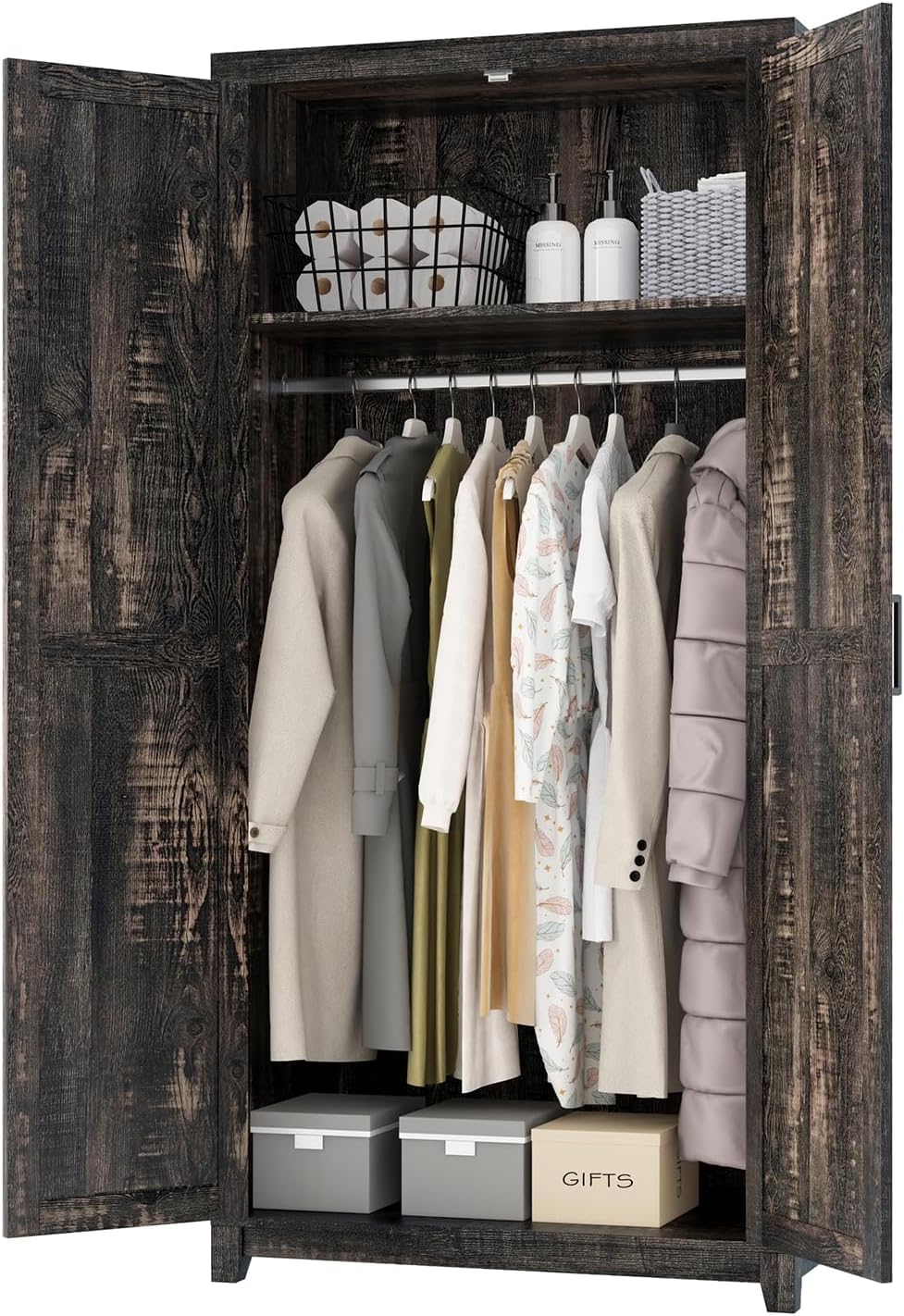 LUXOAK 70" Large Armoire Wardrobe Closet Set of 2 with Hanging Rod, Farmhouse Clothing Storage Cabinet with 4 Barn Doors, Wooden Tall Bedroom Armoires with Shelf, Dark Oak Wood LUXOAK