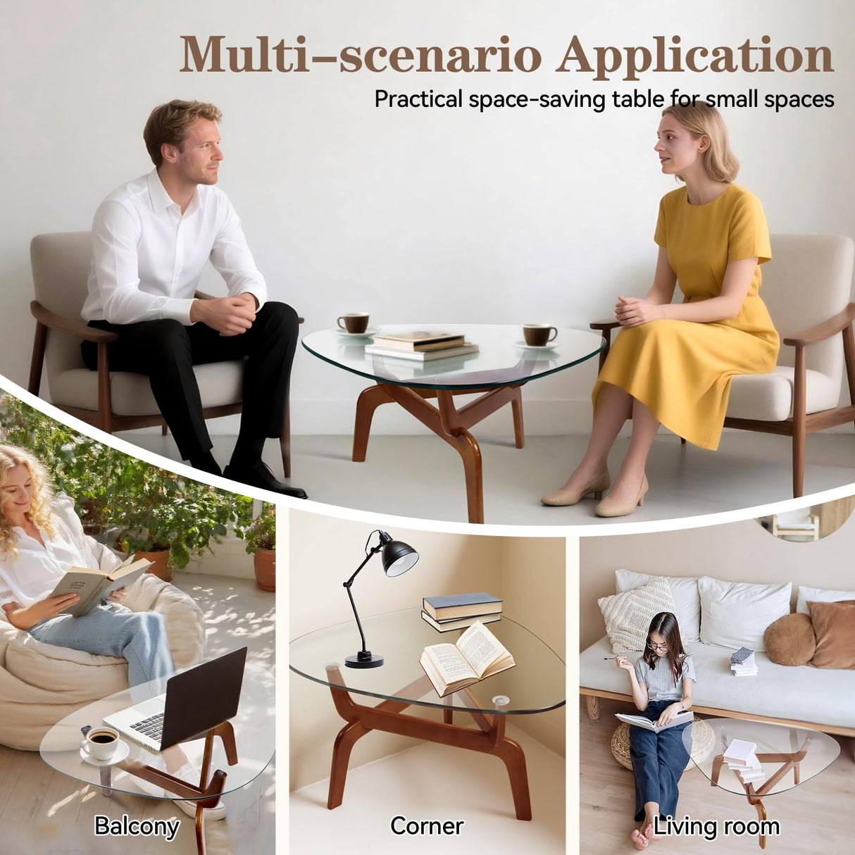 Glass Coffee Tables for Living Room, Triangle Coffee Table with Non-Tip Rubber Wood Base, Morden Tea Table with Tempered Glass Top | Perfect for Homes with Kids/Pets, Office, Apartment (Brown) DUO GE MAO