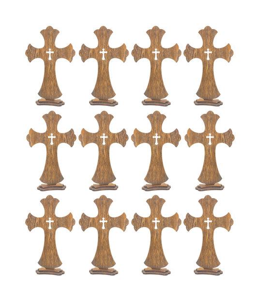 12 Inch 12 Pack Brown Wood Crosses Torched Wooden Tabletop Cross Rustic Standing Cross for Baptism Centerpieces Home Church Decor Prayer Gifts - WoodArtSupply