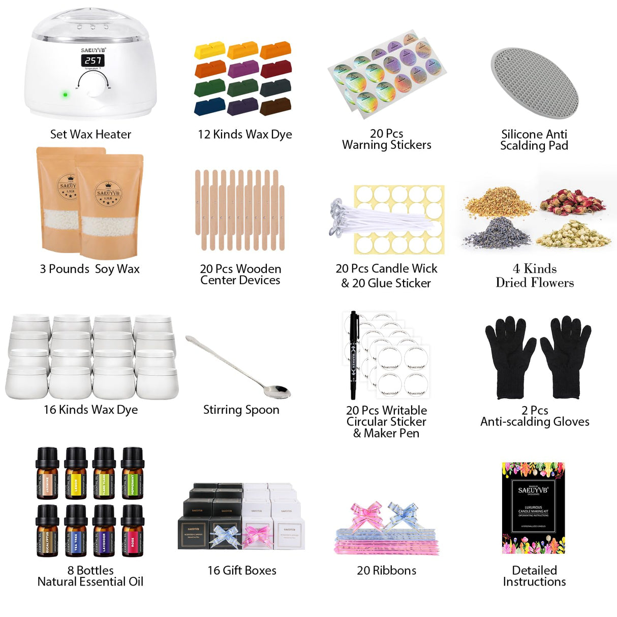 SAEUYVB Complete Candle Making Kit, Candle Making Kit for Adults with Hot Plate, DIY Starter Candle Making Supplies/Kit - Perfect as Home Decorations（White） SAEUYVB