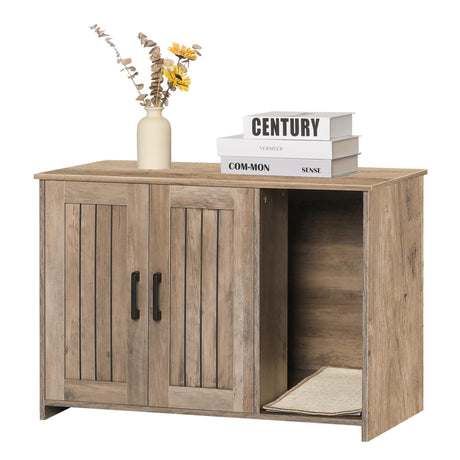 DWANTON Litter Box Enclosure, Cat Litter Box Furniture Hidden, with Scratching Mat, Wooden Cat Washroom Indoor, 31.5" L x 19.7" W x 21.7" H, Greige Dwanton