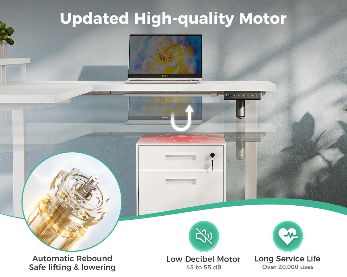 AODK Electric L-Shaped Standing Desk, Height Adjustable Office Desk with Monitor Stand, Sit-Stand Desk with Power Outlets, Large Lift Table for Home, Office, Workstation, White AODK