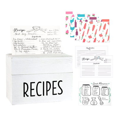 OUTSHINE White Wooden Large Recipe Box with Cards and Dividers | Farmhouse Wood Recipe Box 4x6 Recipe Cards and Box Set | Recipe Box Dividers|White recipe box personalized| Recipe box set