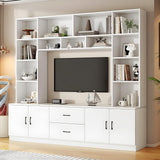 Modern TV Stand with Bookshelves, Entertainment Center with Cabinets & Storage Drawers, Fits up to 85-Inch TVs, Multifunctional Wall Unit for Living Room & Home Theater White 98.4" LSZMXI
