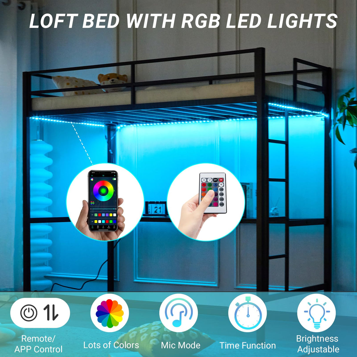 Karl home Twin Metal Loft Bed with Desk, with Power Outlet and LED Lighted, Safety Guardrail & Ladder, Space Saving, No Noise, No Box Spring Needed, Black Karl home