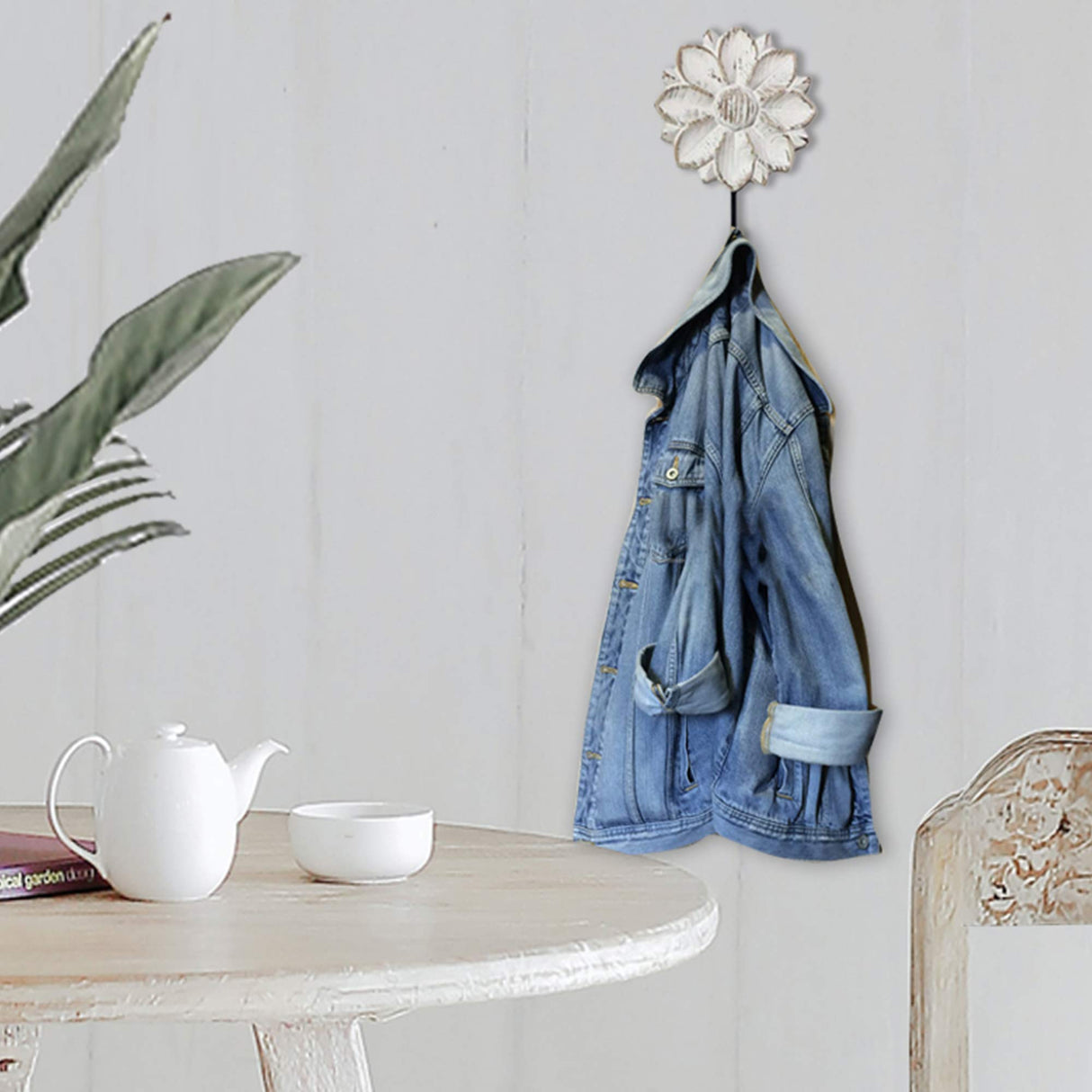 dwellington Decorative Wall Mounted Flower Hooks, White Distressed Wood Hanging Hooks, Farmhouse Boho Coat Rack Hooks for Hanging Things, Towels, Purse dwellington