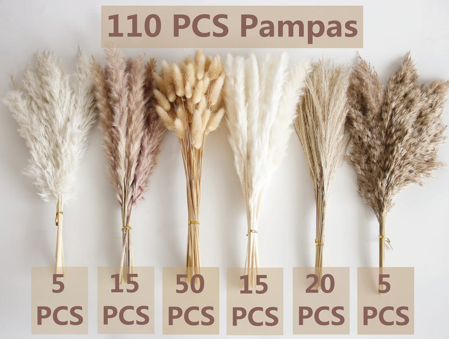 110 PCS Dried Pampas Grass Bouquet, Boho Table Decor, Bunny Tails Dried Flowers, Brown Pompas, White Pampas Grass for Wedding, Home, Rustic Party, Baby Shower Decorations - WoodArtSupply