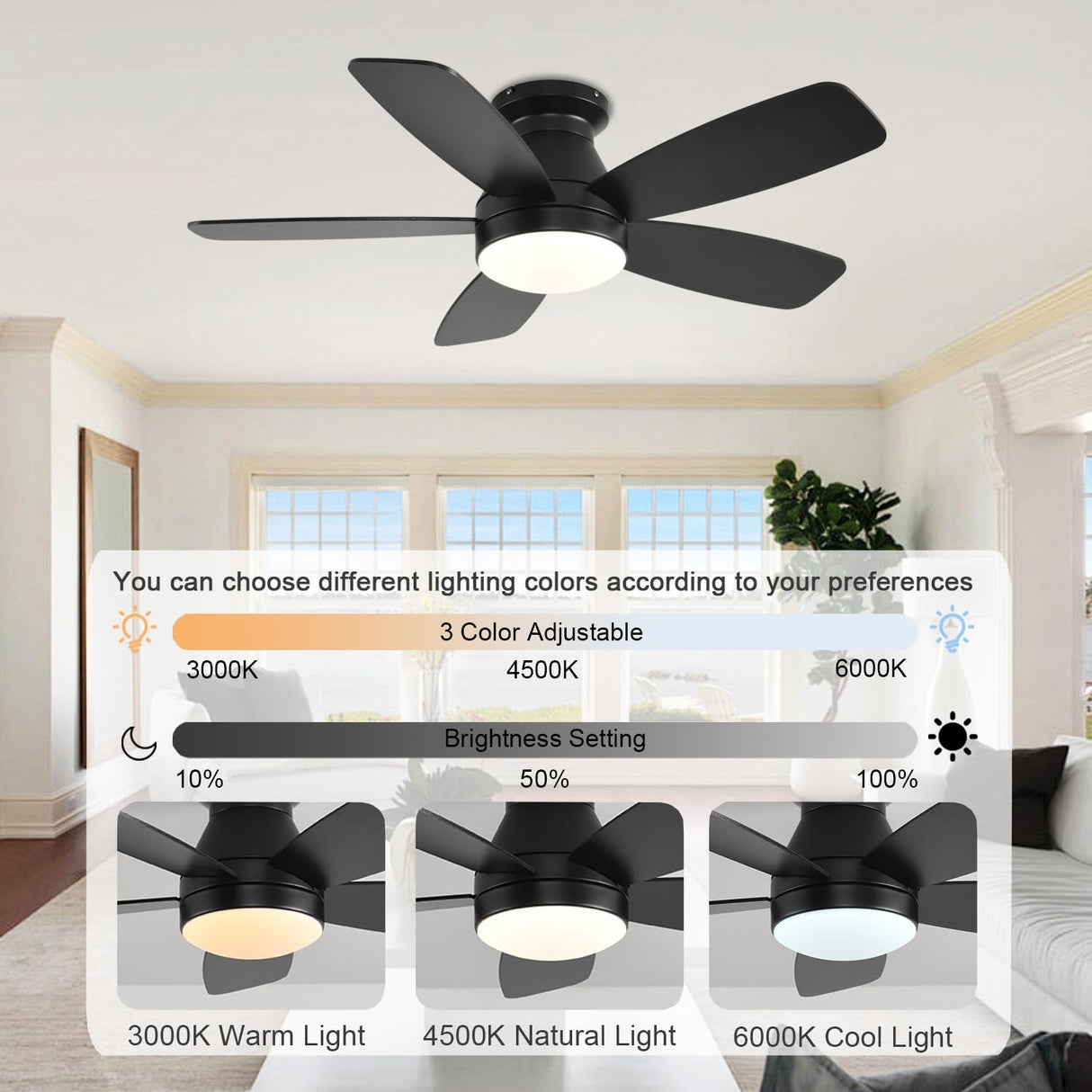 JSAITEE Ceiling Fans with Lights, 42 Inch Low Profile Ceiling Fan with Light and Remote/App Control, Flush Mount, Reversible, 3CCT, Dimmable, Noiseless, Black Ceiling Fan for Indoor/Outdoor Use JSAITEE