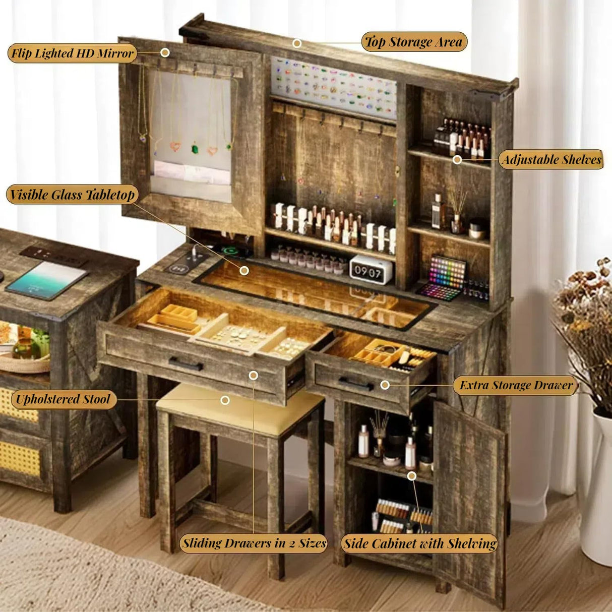 GlasFlength Farmhouse Makeup Vanity with Lighted Mirror,Vanity Desk with Charging Station,Vanity Table with Hidden Jewelry Cabinet,40'' Makeup Table with Glass Tabletop,Stool Included,Vintage Black GlasFlength