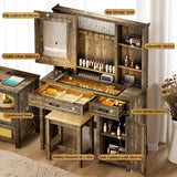 GlasFlength Farmhouse Makeup Vanity with Lighted Mirror,Vanity Desk with Charging Station,Vanity Table with Hidden Jewelry Cabinet,40'' Makeup Table with Glass Tabletop,Stool Included,Vintage Black GlasFlength