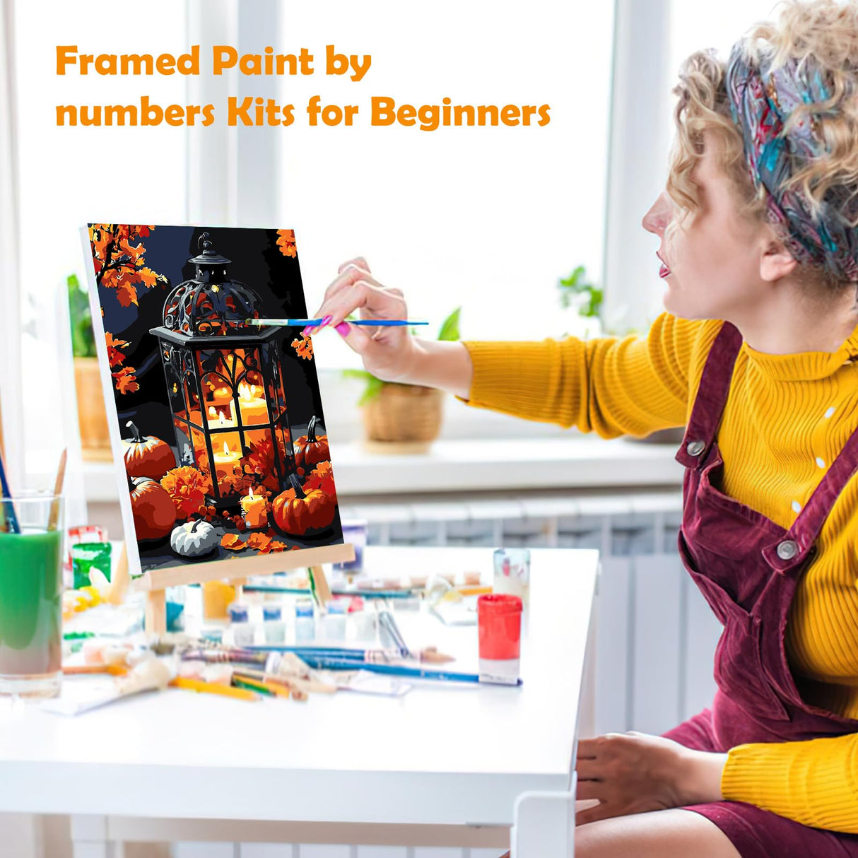 MOGTAA Halloween Paint by Numbers Kit for Adults Beginners with Frame, Fall Pumpkin Adult Paint by Number Kits on Canvas with Easel, Easy DIY Candle Oil Painting Kits for Home Decor, 8x12in MOGTAA