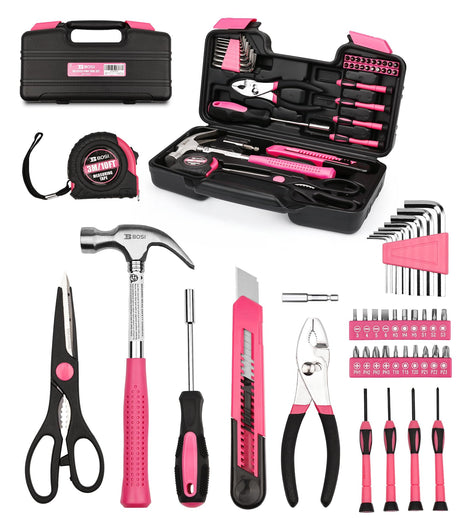 B BOSI TOOLS 40-Piece Pink Tool Set- General Household 40 PCS Hand Tool Kit with Plastic Toolbox Storage Case (Pink) B BOSI TOOLS