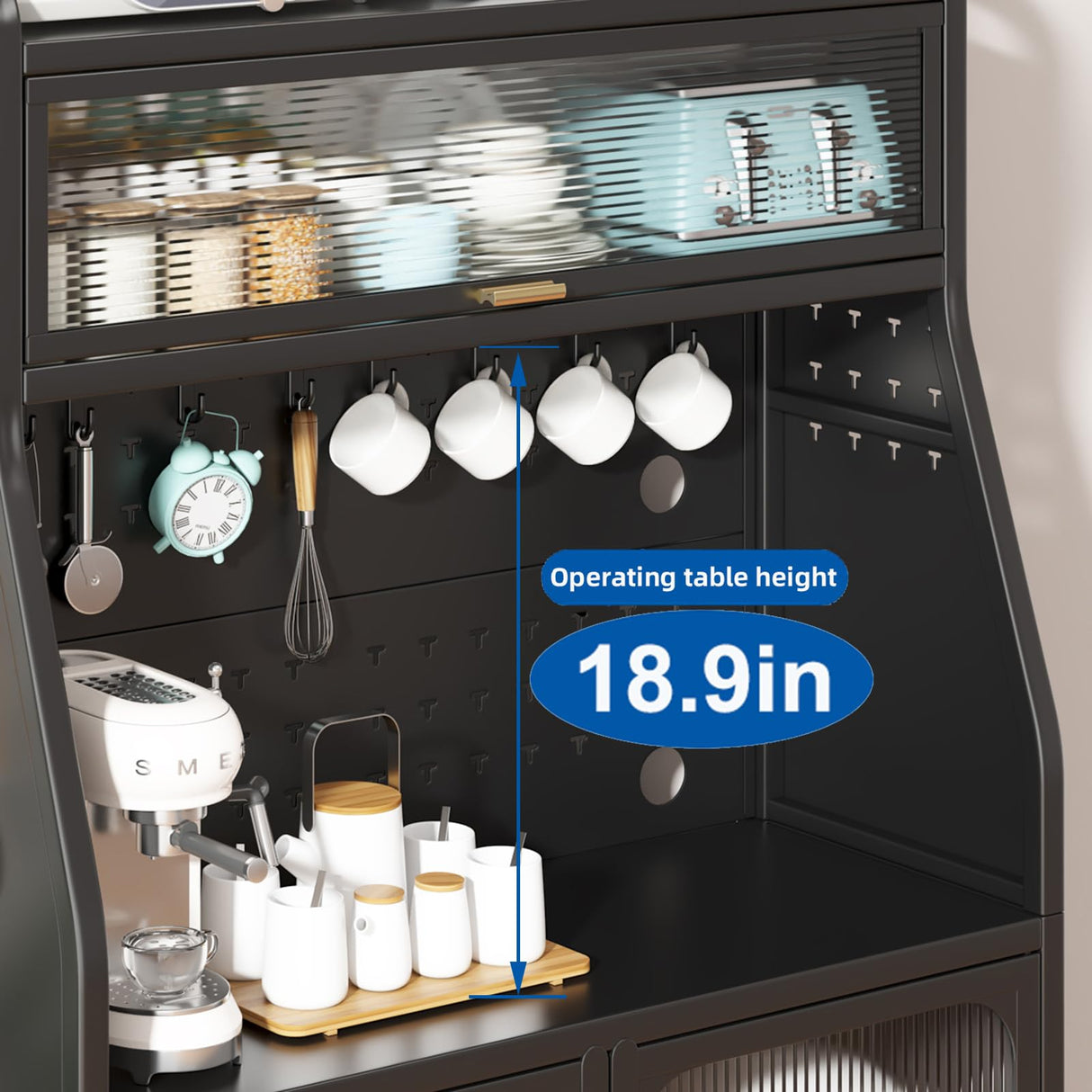 haiorjun Bakers Rack with Storage Cabinet, 66" Tall Kitchen Pantry Cabinet with Microwave Stand, Wheels, Doors and Metal Pegboard Panels for Living Room, Dining Room,Black haiorjun