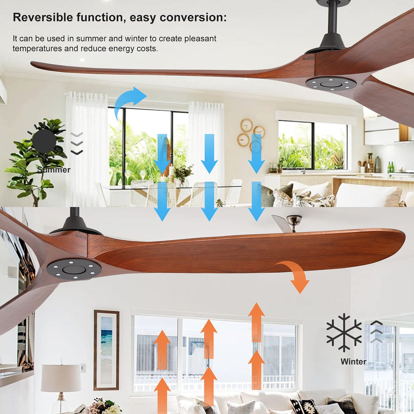 reiga 70 Inch Large Wood Ceiling Fan without Light, 3 Blade Indoor Outdoor High Airflow Silent Smart Ceiling Fans with Remote Control for Living Room Exterior Patio Porch