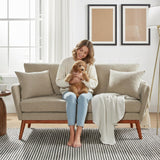 VINGLI 63.5" Comfy Small Upholstery Love Seat Couch with Soild Rubber Wood Frame, 2 Seater Mid Century Linen Fabric Loveseat Sofa, Mini Couch with Two Pillows for Small Spaces, Bedroom, Khaki VINGLI