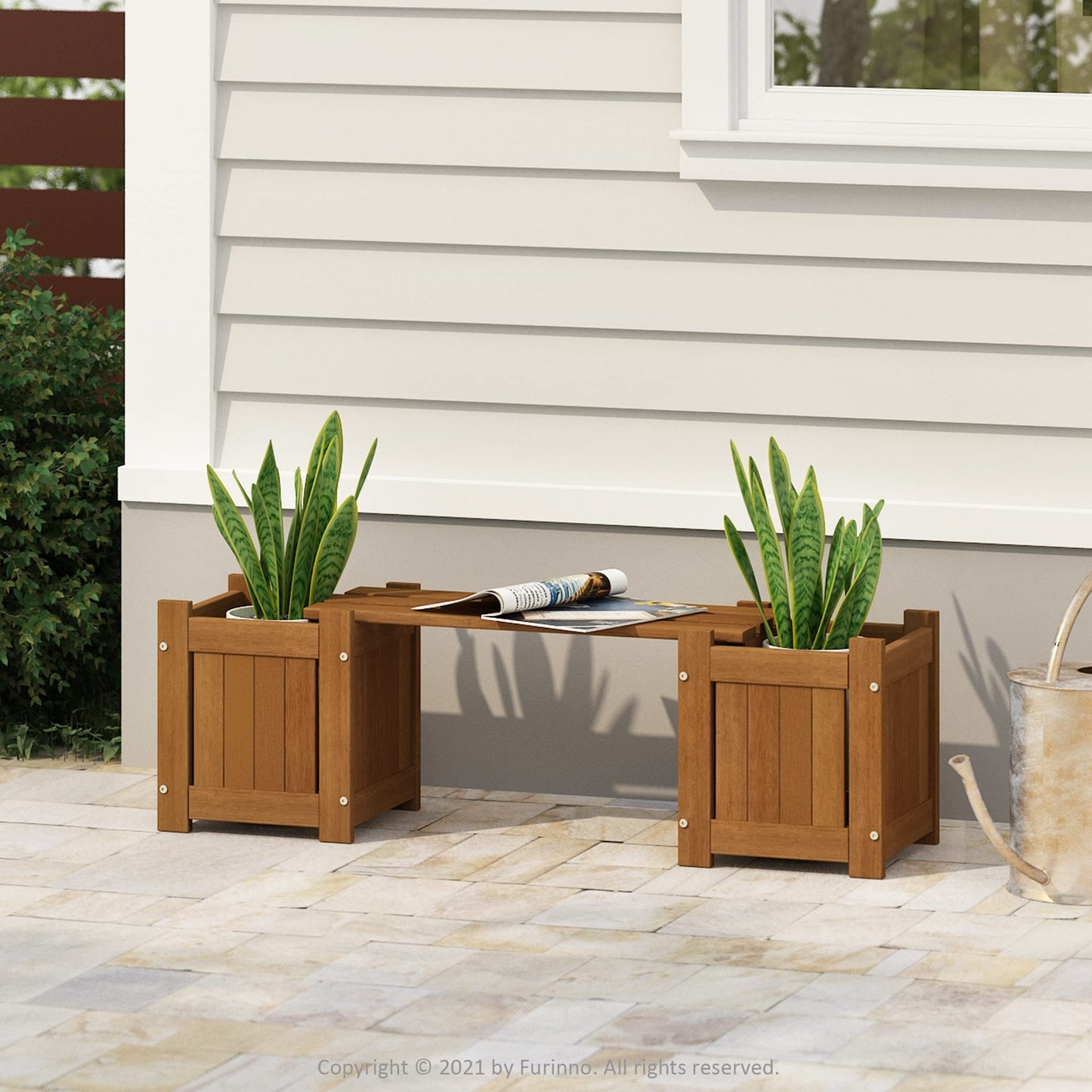 Furinno Tioman Hardwood Mini Outdoor Planter Box with Bench for Garden Plant - WoodArtSupply