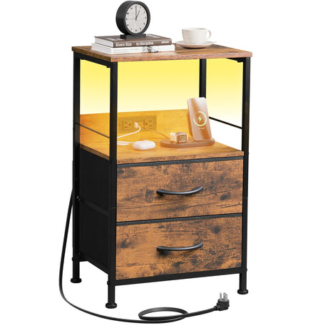 WLIVE Night Stand with Charging Station, LED Nightstand with 2 Fabric Drawers and Storage Shelf, Small Bedside Tables for Small Spaces, Dresser for Bedroom, Rustic Brown WLIVE