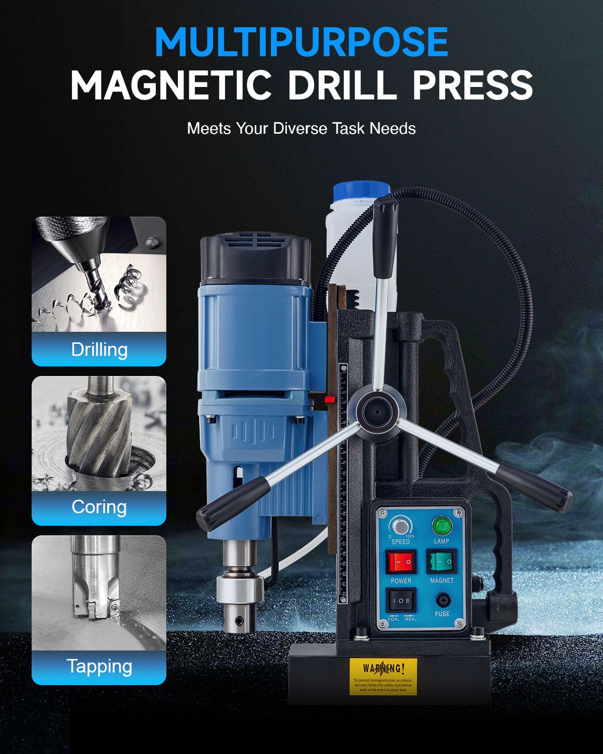 ZELCAN Magnetic Drill Press with 6 Drill Bits, 1550W Mag Drill Press with 2" Dia. 3125 lbf/13900N Mag Force, 650 rpm Power Magnetic Drill with Stepless Speed & Reversible Direction for Metal Surface ZELCAN