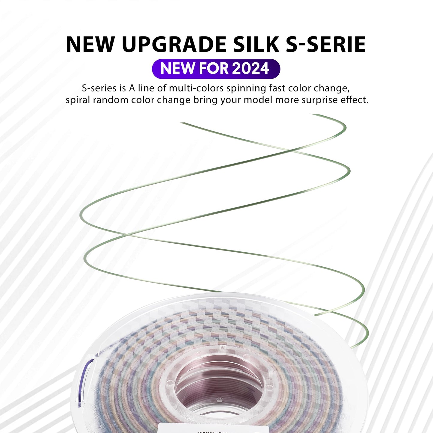 2024 Upgrade S-Series Silk PLA 3D Printer Filament, Shiny Multicolor Rainbow PLA Filament 1.75mm, Spiral Random Change PLA 3D Printing Filament for Most FDM, Kingfisher +/-0.02mm, 1kg/2.2lb