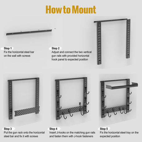 OneTigris Gun Rack Wall Mount 12, Hold Up 80lbs Indoor Gun Rack for Wall with Shelf Horizontal with 10 Hooks and 1 Removable Gun Accessories Tray 21.5"*22.1" ONETIGRIS