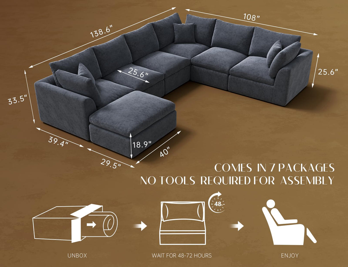 ohllob Oversized Cloud Couches for Living Room, Convertible Sectional Couch with Ottoman, 7 Seater Large Modular Sectional Sofa, Grey ohllob
